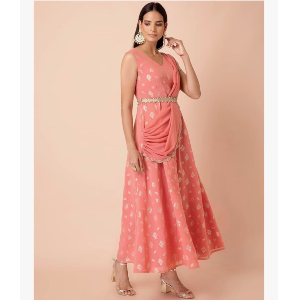 NWOT Indya brand Deep Pink Foil Print Kurta w/ Attached Dupatta and Belt size S